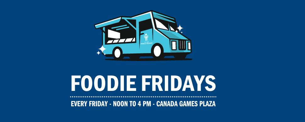 Cyan coloured food truck with City of Prince George logo. Bold white text below reads 'Foodie Fridays. Every Friday. Noon to 4pm - Canada Games Plaza'