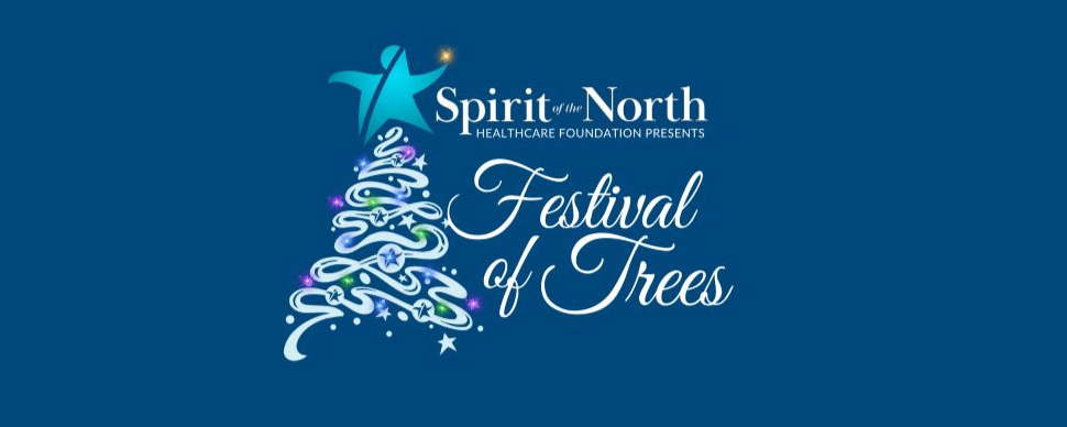 Spirit of the North and Festival of Trees logos on a blue background. Spirit of the North and Festival of Trees logos on a blue background.