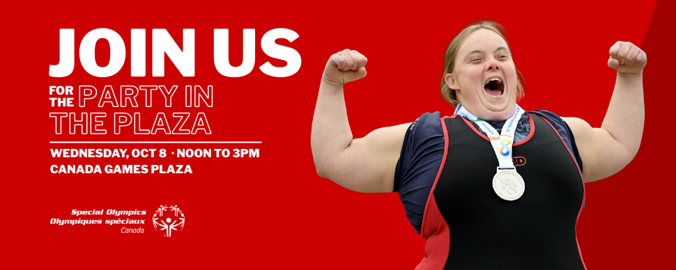 Invite for a Party in the Plaza on October 8 from noon to 3pm at Canada Games Plaza. Image of an athlete celebrating with her arms in the air.