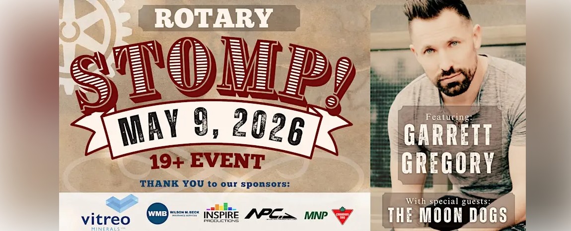 Rotary Stomp May 9 Featuring Garrett Gregory with special guests the Moon Dogs 19 plus event Garrett Gregory at the Civic Centre