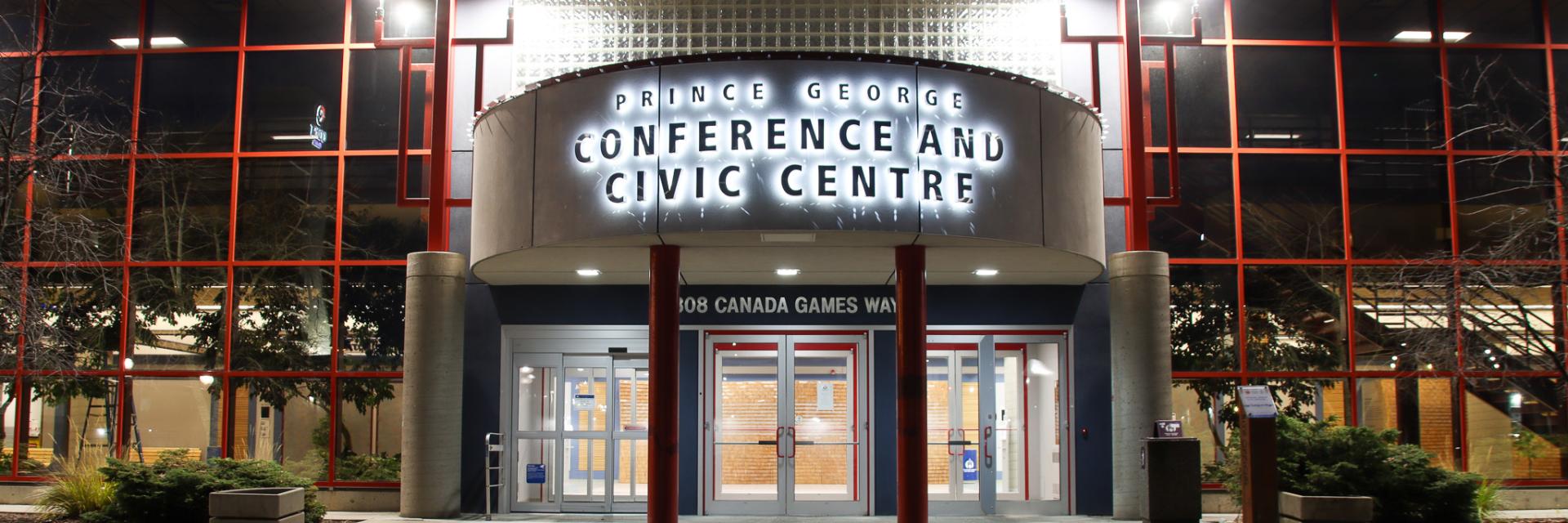 Evening photo of the front of the civic centre
