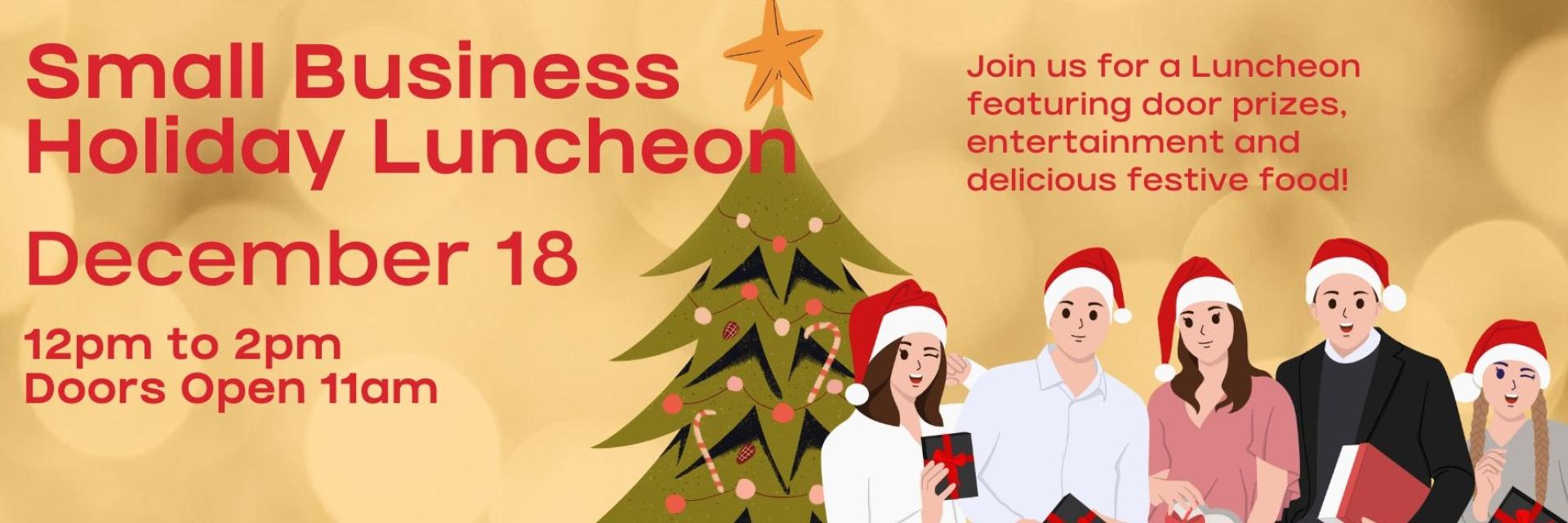 A group of colleagues stand around a Christmas tree at the Small Business Holiday Luncheon at the PG Conference and Civic Centre December 18, 2025